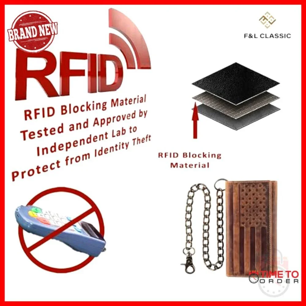 RFID Blocking Leather Wallet with Stainless Steel Chain for Men